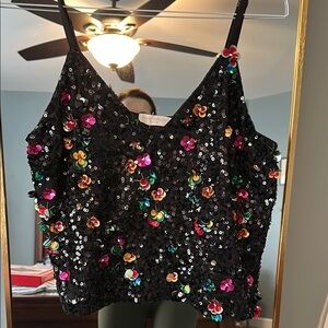 Ramy Brook Sequin Floral Embellished Black Top